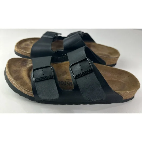 Birkenstock Arizona Slide Sandals 2 Strap Buckle Men's 6 Women's 8 Black Leather - Picture 2 of 16